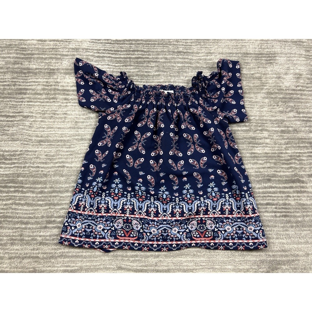 Jolt Blouse Women XS Navy Blue Paisley Off-the-Shoulder Short Sleeve Boho Top